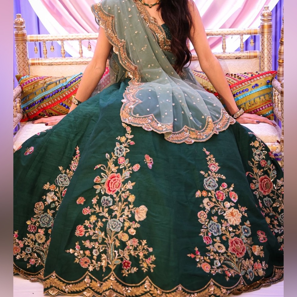 Shyamal and Bhumika- Embroidered Emerald Green Lehenga with Dupatta